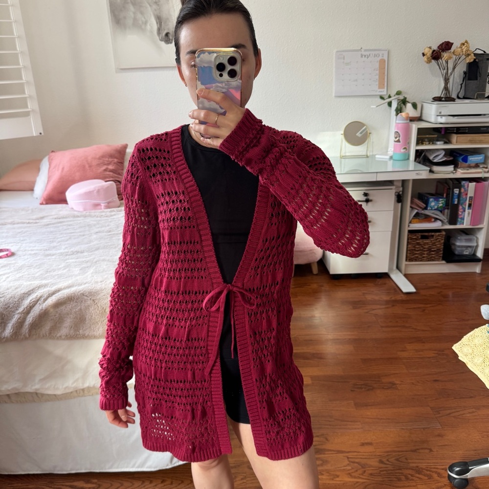 Open-Knit Tie-Front Cardigan Sweater - Wine